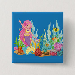 Bóton Quadrado 5.08cm Linda sereia PINK HAIR tocando no mar