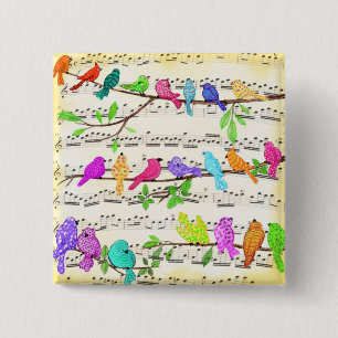 Bóton Quadrado 5.08cm Linda Sinfonia de Aves Musicais Coloridas - Canç