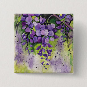 Bóton Quadrado 5.08cm Lindas Flores De Wisteria Em Aquarela  