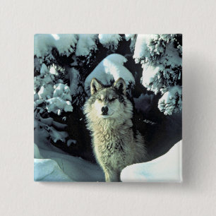 Bóton Quadrado 5.08cm Lobo na Quietude do Inverno