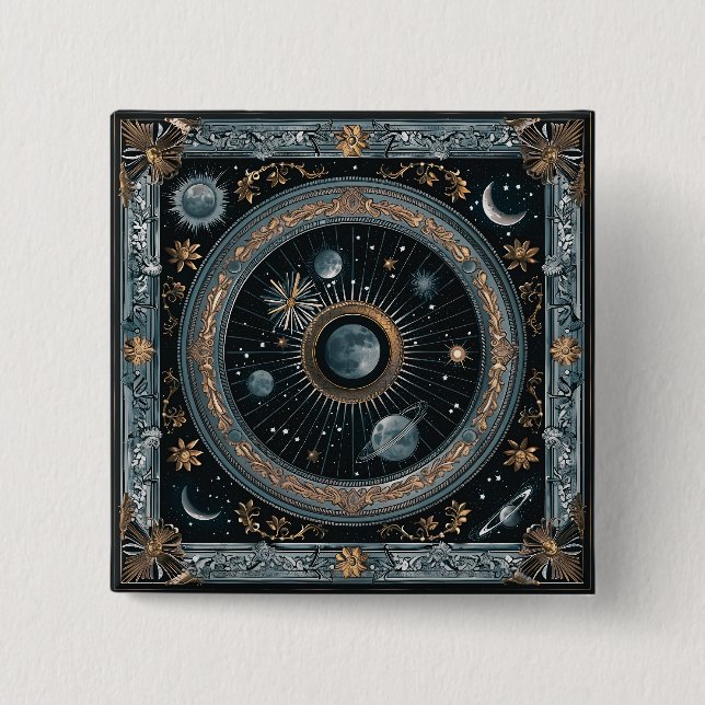 Bóton Quadrado 5.08cm Lua Celestial Dourada em Órbita com Detalhes Astra (Frente)