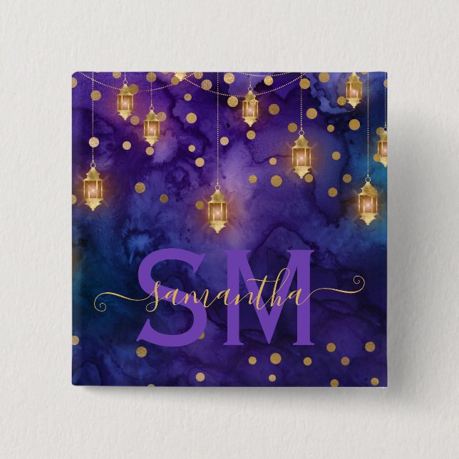 Bóton Quadrado 5.08cm Luminária com Monograma Roxo e Azul (Frente)