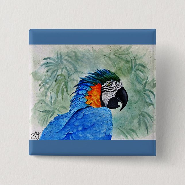 Bóton Quadrado 5.08cm Macaw azul e Dourado (Frente)