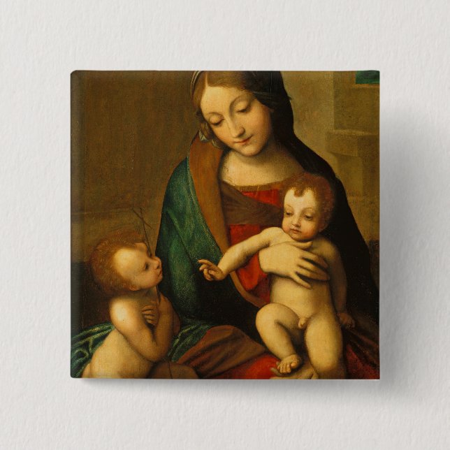 Bóton Quadrado 5.08cm Madonna e criança com santos (Frente)