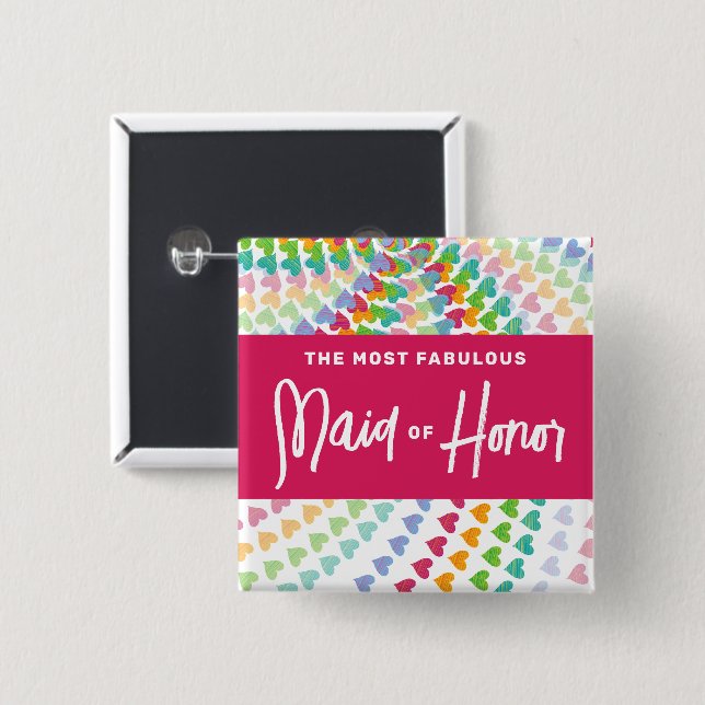 Bóton Quadrado 5.08cm MADRINHA DE CASAMENTO Rainbow Hearts Sprinkles Cas (Frente & Verso)