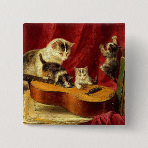 Bóton Quadrado 5.08cm Mãe Gato e Gatinhos Brincando com Violão