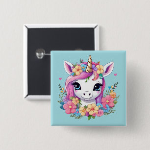 Bóton Quadrado 5.08cm Magical Baby Unicorn with Flowers