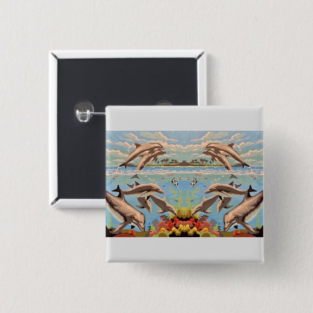 Bóton Quadrado 5.08cm Mão Pintada Por Número | Golfinhos Reproduzíveis | (Frente & Verso)