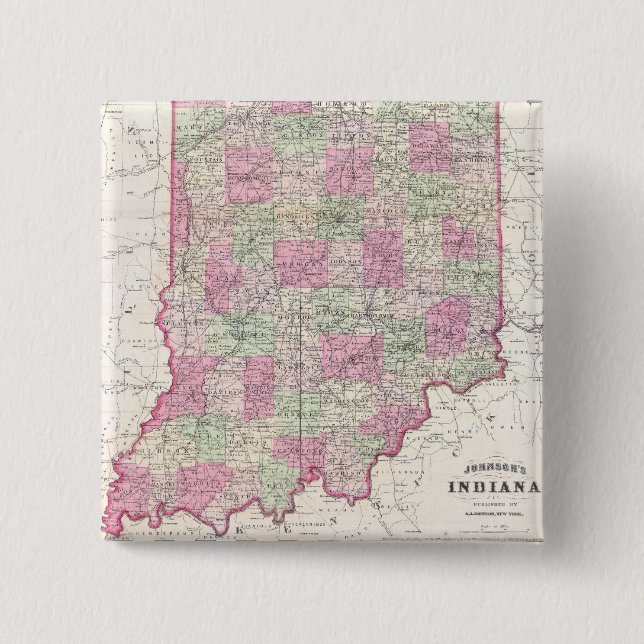 Bóton Quadrado 5.08cm Mapa Antigo de Indiana (1864) (Frente)