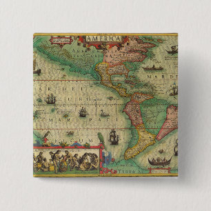 Bóton Quadrado 5.08cm Mapa Antigo do Mundo das Américas, 1606
