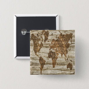 Bóton Quadrado 5.08cm Mapa castanho da impressão mundial