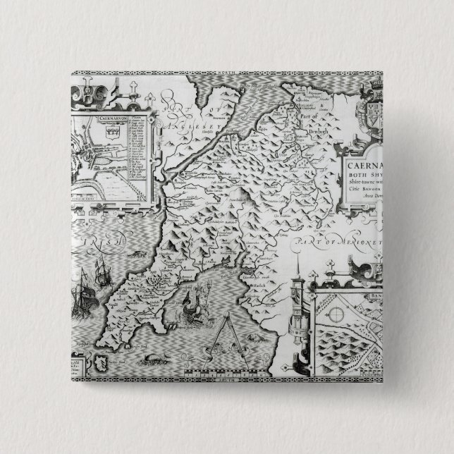 Bóton Quadrado 5.08cm Mapa de Caernarvon, 1616 (Frente)