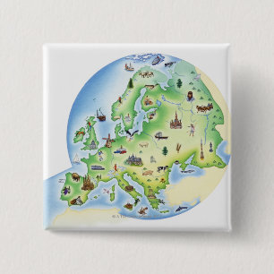 Bóton Quadrado 5.08cm Mapa de Europa com ilustrações de famoso