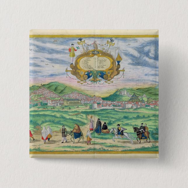 Bóton Quadrado 5.08cm Mapa de Granada, de "Civitates Orbis Terrarum" (Frente)