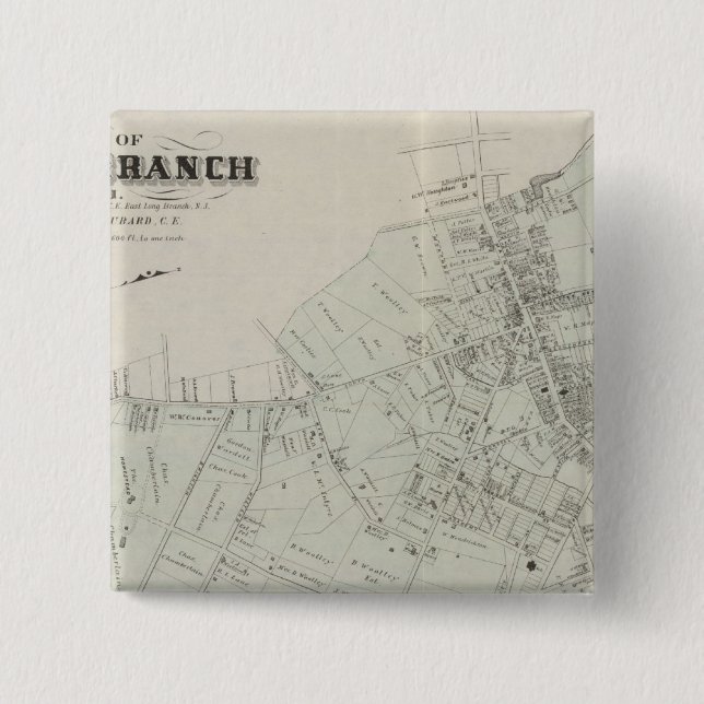Bóton Quadrado 5.08cm Mapa de Long Branch, NJ (Frente)