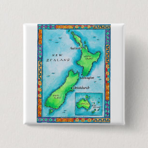 Bóton Quadrado 5.08cm Mapa de Nova Zelândia