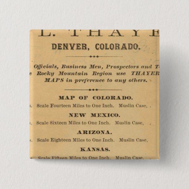 Bóton Quadrado 5.08cm Mapa de Thayer do Colorado (Frente)