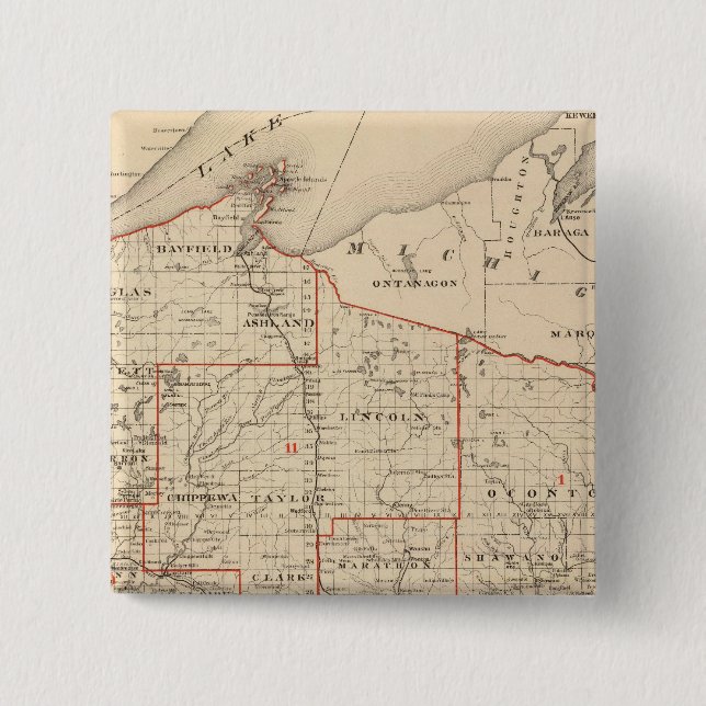 Bóton Quadrado 5.08cm Mapa de Wisconsin mostrando distritos senatoriais (Frente)