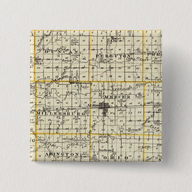Bóton Quadrado 5.08cm Mapa do Condado de Mercer, Rock Island e Plano (Frente)