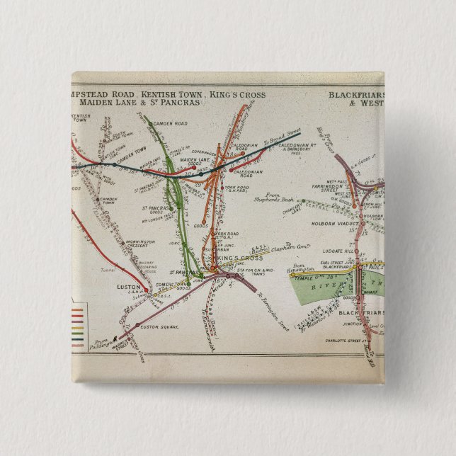 Bóton Quadrado 5.08cm Mapa do transporte de Londres, c.1915 (Frente)