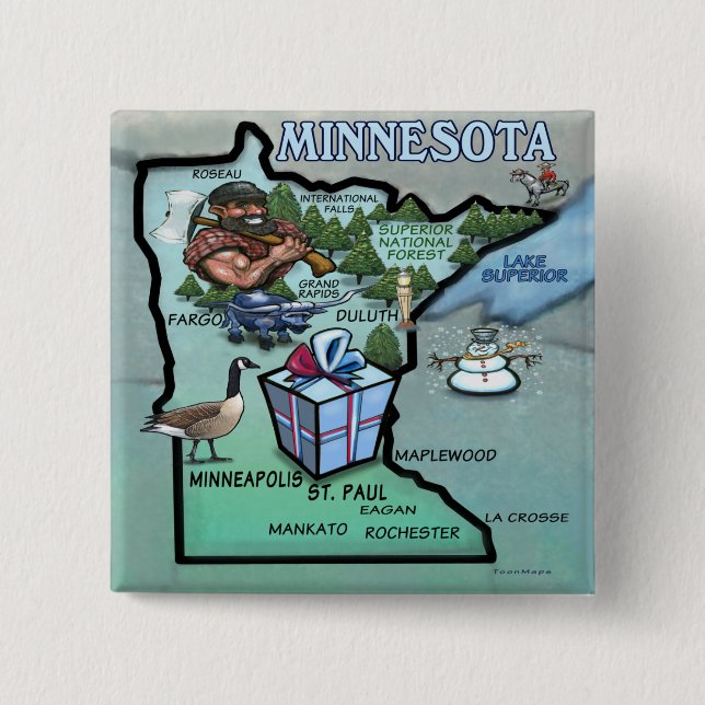 Bóton Quadrado 5.08cm Mapa dos desenhos animados de Minnesota (Frente)