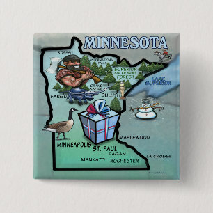 Bóton Quadrado 5.08cm Mapa dos desenhos animados de Minnesota