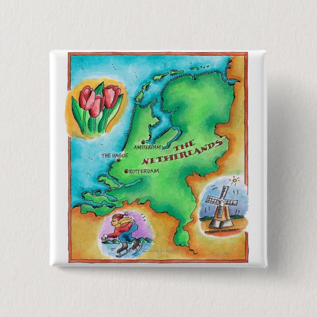 Bóton Quadrado 5.08cm Mapa dos Países Baixos (Frente)
