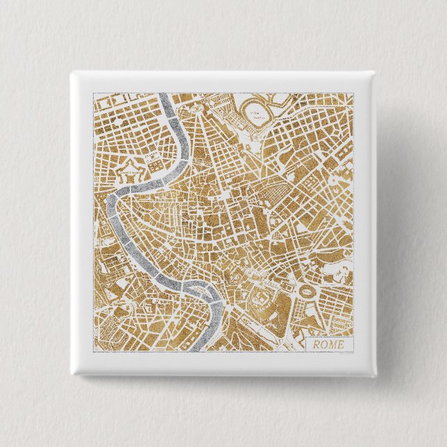 Bóton Quadrado 5.08cm Mapa dourado da cidade de Roma (Frente)