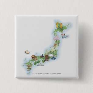 Bóton Quadrado 5.08cm Mapa ilustrado de Japão antigo