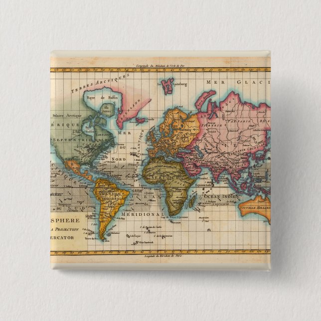 Bóton Quadrado 5.08cm Mapa Mundial Antigo Século XVIII  (Frente)