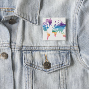 Bóton Quadrado 5.08cm Mapa Mundial de Aquarela