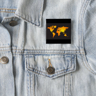 Bóton Quadrado 5.08cm Mapa Mundial Radiante em Laranja e Amarelo