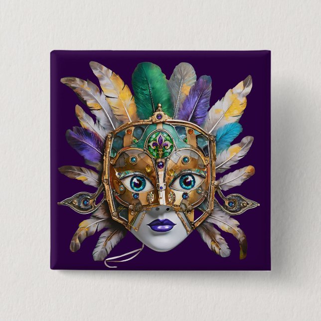 Bóton Quadrado 5.08cm Mardi Gras Feather e Metal Mask (Frente)