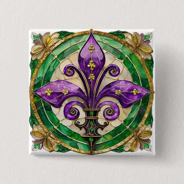 Bóton Quadrado 5.08cm Mardi Gras StainGlass Fleur de lis (Frente)