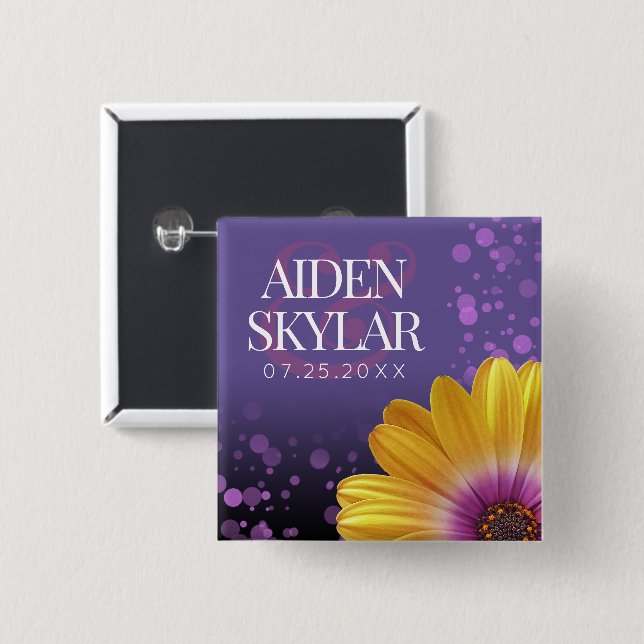 Bóton Quadrado 5.08cm Margarida Elegante de Ouro com Casamento de Largur (Frente & Verso)