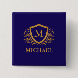 Bóton Quadrado 5.08cm Marinho Azul e Dourado Nome do Monograma Personali
