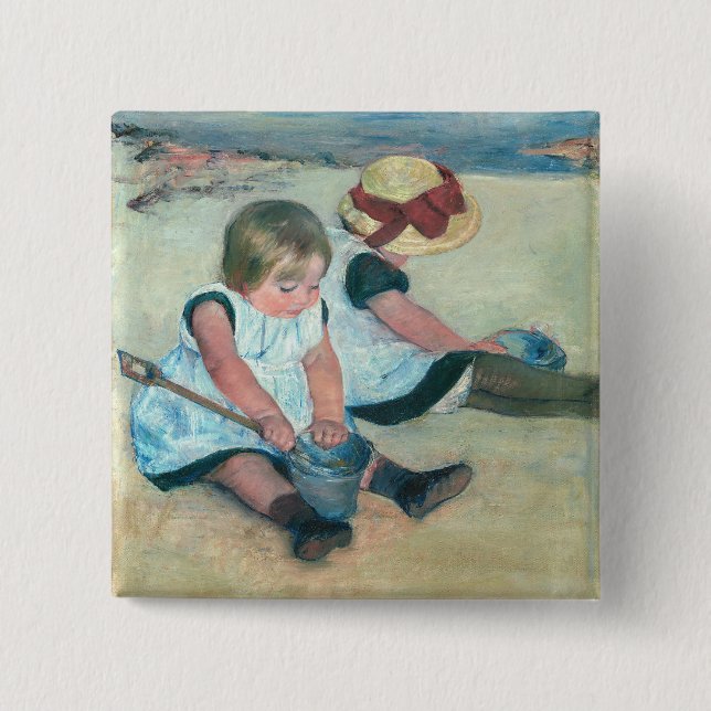 Bóton Quadrado 5.08cm Mary Cassatt - Crianças Brincando na Praia (Frente)
