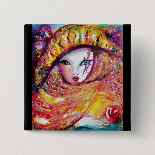 BÓTON QUADRADO 5.08CM MÁSCARA CARNIVAL NO AMARELO DOURADO COM ROSA VERME