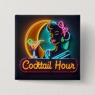 Bóton Quadrado 5.08cm Meio século Neon Sign Cocktail Hour Mulher