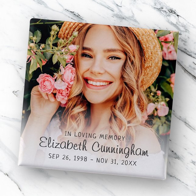 Bóton Quadrado 5.08cm Memorial Funeral Moderno Foto Simples Cursiva (Criador carregado)