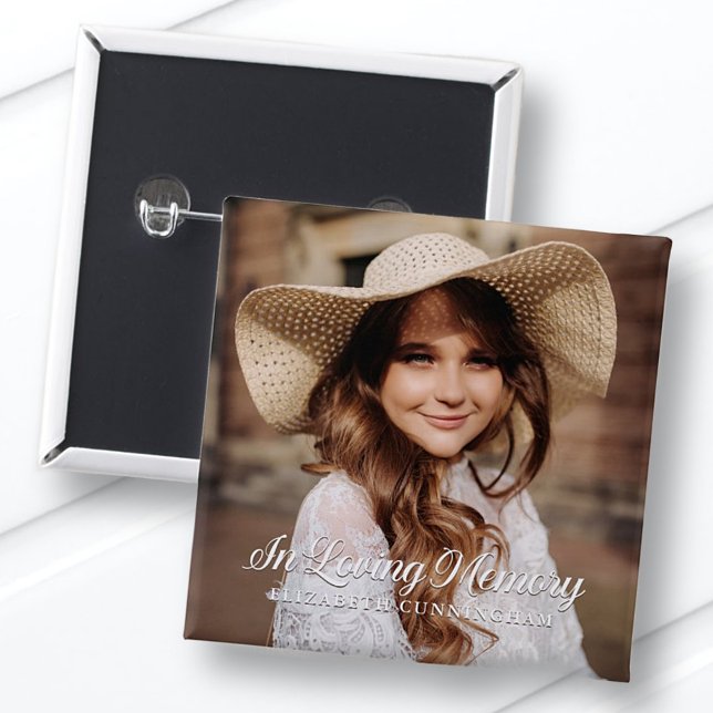 Bóton Quadrado 5.08cm Memorial In Loving Memory Classic Elegant Photo (Criador carregado)