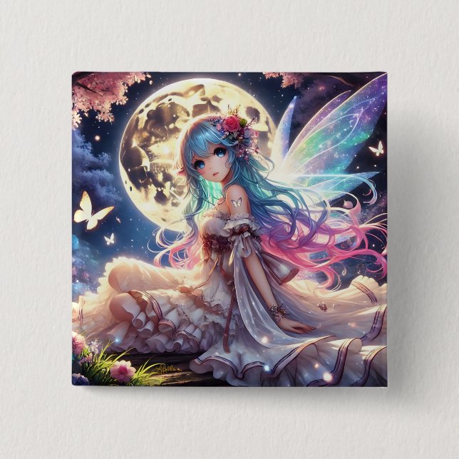 Bóton Quadrado 5.08cm Menina Anime Princesa Fada da Lua no Jardim (Frente)