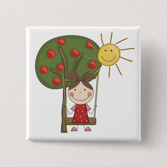 Bóton Quadrado 5.08cm Menina em t-shirt e em presentes do balanço (Frente)