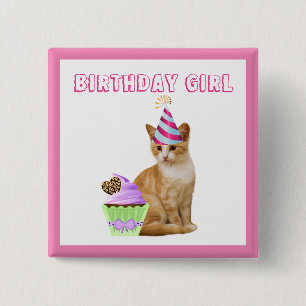 Bóton Quadrado 5.08cm Menina Fofa de Aniversário com Gatinho