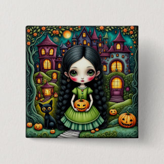 Bóton Quadrado 5.08cm Menina Gótica Fofa Abóbora Vila Halloween