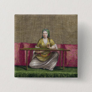 Bóton Quadrado 5.08cm Menina turca, bordando, século XVIII (engravin
