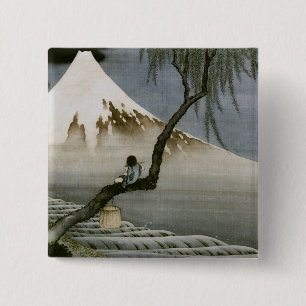 Bóton Quadrado 5.08cm Menino e Monte Fuji Hokusai, Belas Arte Japonesa