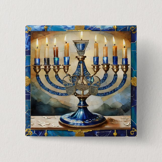 Bóton Quadrado 5.08cm Menorá Azul de Hanuka (Frente)