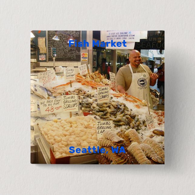 Bóton Quadrado 5.08cm Mercado do peixe, Seattle, Washington (Frente)