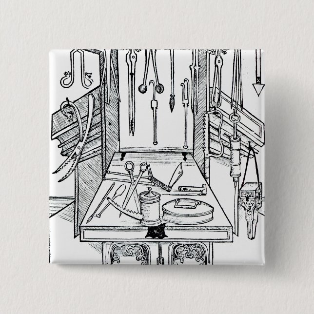 Bóton Quadrado 5.08cm Mesa de funcionamento e instrumentos cirúrgicos, (Frente)